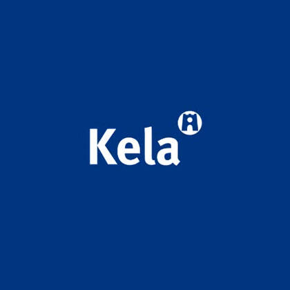 Sinisellä pohjalla valkoisella sana Kela.