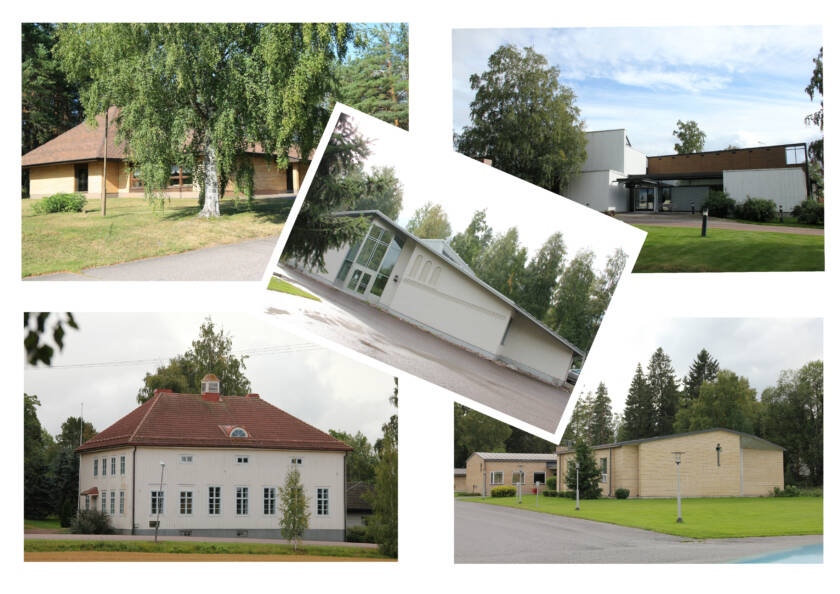 Viisi eri seurakuntataloa ryhmitelty vierekkäin, allekkain ja yksi vinossa muiden kuvien päällä.
