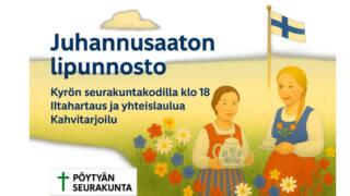 Tytöt kukkakedolla ja suomen lippu tangossa.