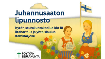 Tytöt kukkakedolla ja suomen lippu tangossa.
