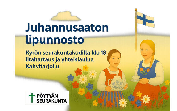 Tytöt kukkakedolla ja suomen lippu tangossa.