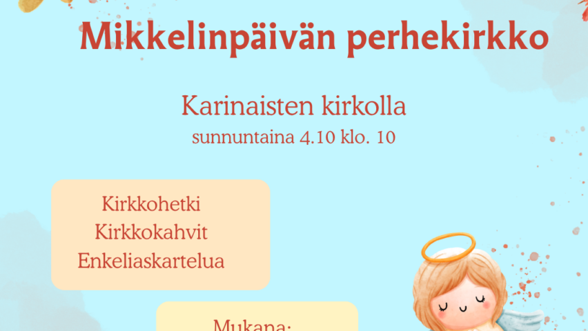 Mainos Mikkelinpäivän perhekirkosta, kuvassa enkeli ja syksynlehtiä.