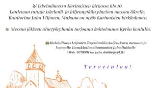Vanhusten viikon iskelmälaulumessu ja Karinaisten kirkkoaluetyöryhmän järjestämä keittolounas.