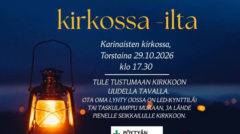 lyhtyjä joissa kynttilä, hämärä tausta ja kutsu tulla leikkimään piilosta Karinaisten kirkkoon