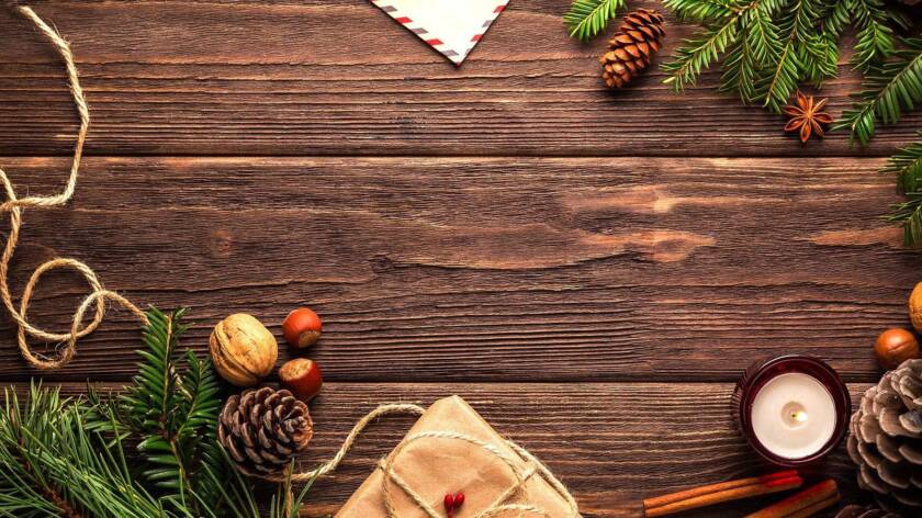 Havuja, pähkinöitä, kynttilä ja kanelitanko.